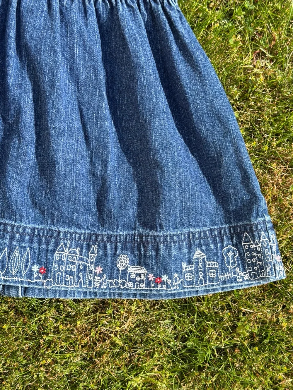 Vintage OshKosh Denim Dress 18M Smocked Embroidered City Skyline Hem 90s